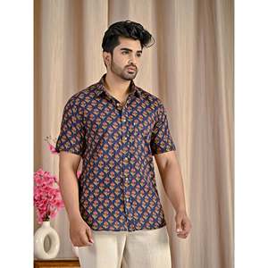 Chemise à manches courtes en coton imprimé bleu marine, tissu popeline 100%, col boutonné, style décontracté, taille 6XL, chemises habillées pour hommes ODM - Product Image 5
