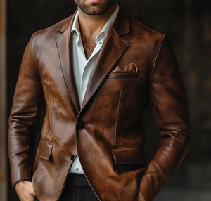 Men's Genuine Leather <b>Blazer</b> Brown Slim Fit Single Button <b>Smart</b> Casual Stand Winter Style Front Windproof Eco-Friendly Vintage - Product Image 1