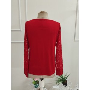 Blusa de viscosa con encaje y cuello en V de manga larga para mujer, 37369 - Rojo - Product Image 5