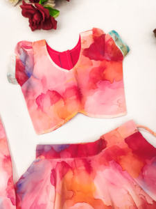 Shoryam Fashion Girls Ethnic Puffed Sleeve Blouse Flared <b>Skirt</b> Set Kids <b>Pink</b> Digital Print Lehenga Choli Indian Party - Product Image 2