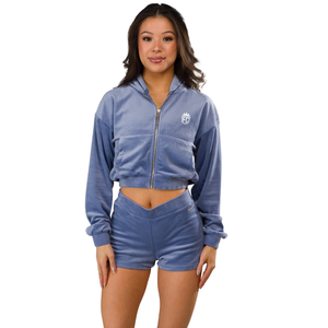 Sudadera con capucha de terciopelo para mujer, chaqueta corta de felpa suave, ropa informal para estar en casa, top de manga larga con cremallera frontal, azul - Product Image 2