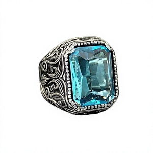 Anillo de Plata Hecho a Mano para Hombre con Piedra Preciosa de Aguamarina, Grabado Cuadrado, Estilo Floral, Chapado en Oro, Regalo Único para Él - Product Image 1