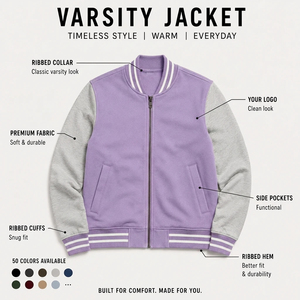 Men's <b>Purple</b> <b>Varsity</b> <b>Jacket</b> With Gray Sleeves Zipper Closure Casual Fleece Outerwear Autumn Wear Men's <b>Purple</b> <b>Varsity</b> <b>Jacket</b> - Product Image 6