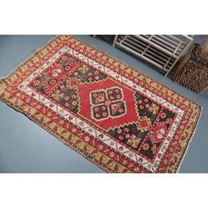 Vintage Rug, 3.2x5.2 ft Accent Rug, Red <b>Yellow</b> <b>Wool</b> Rug - Product Image 4