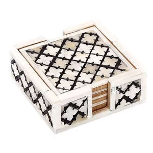 Ensemble de 4 sous-verres en bois personnalisables avec logo, design moderne fait main, incrustation d'os de haute qualité pour la table à thé et à café, utilisation en Inde - Product Image 2