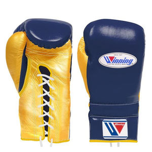 Gants de boxe haut de gamme à lacets en cuir véritable, paume jaune, corps bleu marine, logo personnalisé, pour entraînement professionnel, vente en gros - Product Image 1