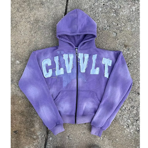 Light Blue Full <b>Zip</b> <b>Up</b> <b>Hoodie</b> CLV VLT Patchwork <b>Y2K</b> Cropped Oversized Streetwear Jacket - Product Image 2