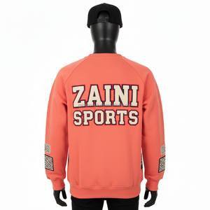 Sweat-shirt pour homme en molleton de coton et polyester 320GSM, couleur corail, manches raglan, logo brodé en chenille, coupe basique - Product Image 2