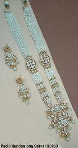 Pendentif indien fantaisie Long Motipearl Mala Drop & Pachi Kundan traditionnel ton or perle pendentif collier boucle d'oreille ensemble femmes et fille - Product Image 5