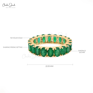 Anillo de joyería fina de oro amarillo de 14 quilates hecho a mano para mujer, Esmeralda Natural, banda de eternidad completa, piedra preciosa de corte ovalado de 5X3MM para fiesta de boda - Product Image 2