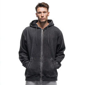 Sweat à capuche zippé brodé personnalisé Fabricant de sweat à capuche zippé noir surdimensionné et lourd délavé à l'acide - Product Image 3