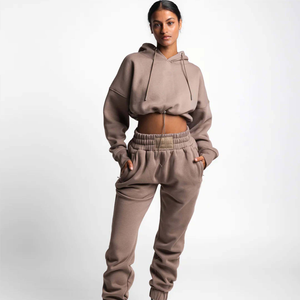 Venta al por mayor de las mujeres de invierno de color sólido de manga larga pulóver corto Sudadera con capucha 100% algodón polar personalizable deporte - Product Image 4