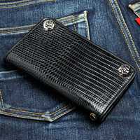 Dompet Kulit Motif Kadal Hitam Rantai Panjang Buatan Tangan Dompet Pengemudi Motor Pemasok OEM Dompet Kulit Rantai Panjang Tipis
