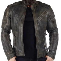 Chaqueta de Cuero Genuino, Chaqueta de Motociclista de Cuero, Chaqueta de Cuero de Oveja Negra Desgastada Estilo Vintage Route 66, Venta al por Mayor Personalizada