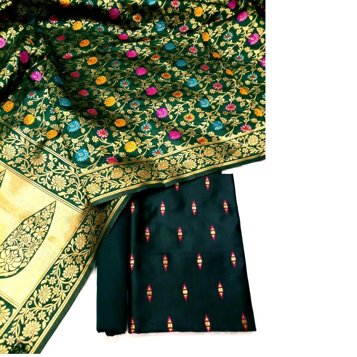 Sutra brokat saree katun dengan batas kontras dan zari antik ideal untuk desainer pakaian dan toko saree