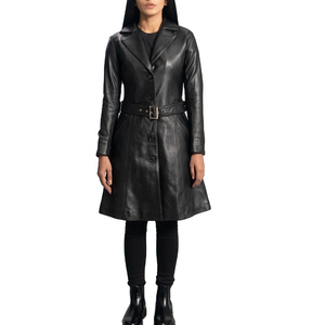 Gabardina impermeable de piel sintética de alta calidad para mujer, ajustada con diseño de solapa, prendas de vestir exteriores largas de temporada de punto - Product Image 1