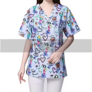 Uniformes de enfermera de manga corta con cuello en V unisex personalizados al por mayor 100% algodón Transferencia de Calor/impresión digital crudo fino - Product Image 2