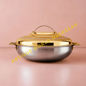 Olla Caliente Aislada de Acero Inoxidable, Tapa Plateada, Cuerpo Dorado, Tazón para Servir Duradero Antiadherente, Cocina, Comedor, Hotel, Restaurante - Product Image 1