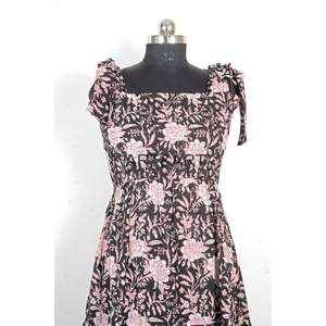 Indian Cotton Midi Dress for Women Handblock and Digital Printed Sexy Party Wear with Floral Pattern Ruffles Collar Free Size - Product Image 2