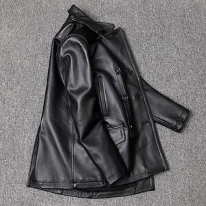 Men's Genuine Leather Trench Coat <b>Black</b> Sheep Skin Canvas Waterproof Windproof Winter Jacket - Product Image 2