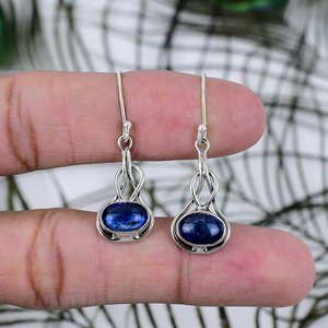 Vintage Style 925 Sterling <b>Silver</b> Kyanite Drop Earrings Indian Handmade Customizable Unisex Women's Jewelry - Product Image 1