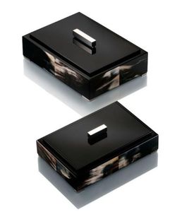Juego de 2 Cajas Decorativas de Lujo con Incrustaciones de Cuerno de Búfalo - Paneles de Cuerno Natural con Herrajes y Asas de Metal Plateado - Product Image 1