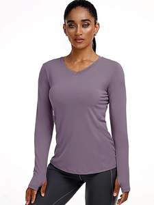 Camisa de manga larga para mujer para entrenamiento Dry Fit Yoga camisetas con cuello en V - Product Image 5