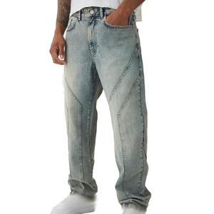 Straight-Leg Men's Stonewashed <b>Denim</b> Jeans Lightweight Cotton Casual Fit Mid Waist Breathable Eco-Friendly Frayed Cuff Spring - Product Image 3