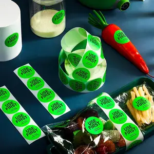 Uso reciclable Primeras pegatinas para alimentos 1,5 pulgadas para restaurante Etiquetas adhesivas extraíbles para alimentos Etiqueta circular Verde