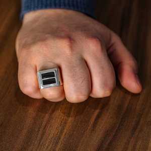 925 Sterling Silver Rectangular Men's <b>Ring</b> Natural Onyx Stone Bezel Setting Rhodium Plated Geometric Pattern for Everyday Wear - Product Image 1
