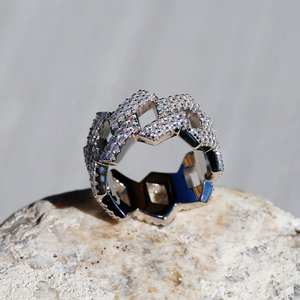 Solid 14k White Gold Miami Cuban Link Band Ring for Men Classic 18k Gold Wedding and Party Jewelry Moissanite Diamond Ring - Product Image 1