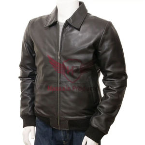 Chaqueta de bombardero de cuero para hombre recién llegada con cuello de camisa, puños de punto de costilla de cuero genuino de oveja Napa y diseño de mejora de la calidez del dobladillo - Product Image 1