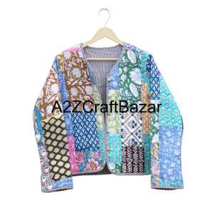 Veste décontractée pour femme en coton 100% matelassée toute saison, réversible, à imprimé floral, faite à la main - Product Image 1