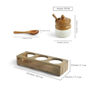 Barni Tales Multi-Purpose Ceramic Pickle & Chutney Jar Set With Spoons & Wooden <b>Holder</b> Set Of 3 Ceramic Condiment <b>Pot</b> - Product Image 4