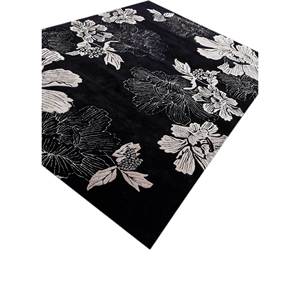 Tapis Hacienda en laine et viscose tufté à la main, motif floral et rayé, gris et noir, pelucheux, pour salon, couloir, forme rectangulaire, Tra-14893 - Product Image 2