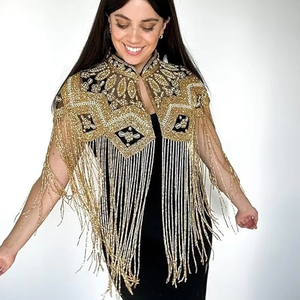 Elegant Burlesque Cape with Beaded Strands Sequined Cape for Festive Club Outfit Fastens at Neck Beautiful Festival <b>Clothes</b> - Product Image 1