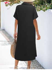 Hot New Summer Casual Midi Shirt Dress pour les femmes boutonné sur mesure solide coton lin poches léger et respirant - Product Image 5