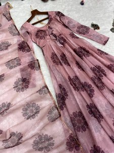 Daily Routine Special Pure <b>Organza</b> <b>Silk</b> Fabric Huge Flair Pattern Digital Print And Handwork Anarkali Kurti& Pent& Dupatta Set - Product Image 5