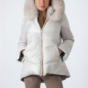 Womens Metallic <b>Grey</b> Silver Puffer Jacket Faux <b>Fur</b> <b>Hooded</b> Winter <b>Coat</b> Ladies Shiny Quilted Outerwear Warm Fashion - Product Image 2