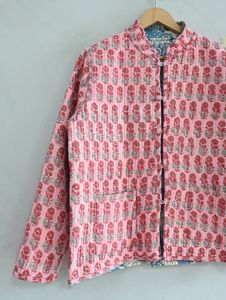 Veste matelassée indienne à imprimé bloc manteau d'hiver réversible à manches longues imprimé floral bohème bouton de remplissage en coton élégant - Product Image 3