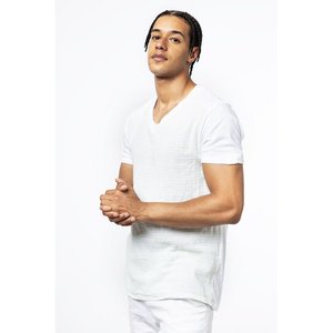 T-shirt classique à col rond en lin vert fluorescent uni pour homme, coupe ajustée, base blanche - Product Image 2