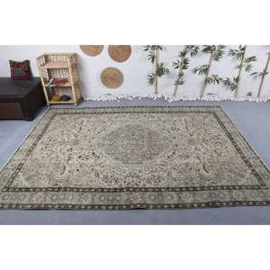 พรมตุรกีวินเทจคลาสสิกสีเบจ6.5ft x 9.2ft พรมสานแบนสำหรับห้องนั่งเล่นวัสดุผ้าขนสัตว์ยางเย็บปะติดปะต่อกันใหม่ - Product Image 1