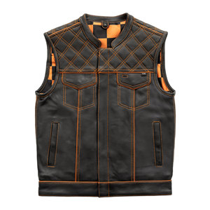 Chaleco de moto a cuadros naranja personalizado para hombre Chaleco de motorista de piel de oveja hecho a mano de cuero genuino chaleco - Product Image 5