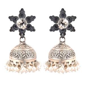 Pendientes de tuerca de Jhumkis para mujer, de plata de ley de diseño étnico hecho a mano, joyería de 4,80 cm NSJ-732/45787 - Product Image 2