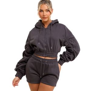 Women Lounge Wear Custom <b>Summer</b> Two Pieces New Solid Color <b>Long</b>-Sleeved Crop Hoodies Casual Shorts Legging Suit Set - Product Image 1