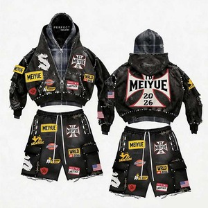 Custom <b>jumpers</b> Acid Wash Embroidered Men's Casual Hoodie 500gsm 100% Cotton Terry Rhinestone Distress Oversized Zip up Hoodie - Product Image 2