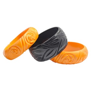 Meilleurs ensembles de bracelets vintage en résine acrylique, motifs végétaux mignons, jaune, violet, orange, noir, bracelets en résine faits à la main, bijoux unisexes - Product Image 4