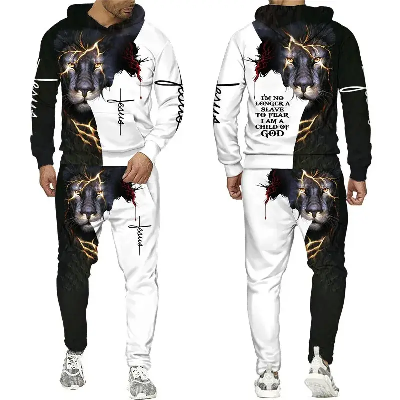 Heren Set Christen Pak Heren Hoodie/Pak Cool 3d Leeuw Bedrukte Streetwear Paar Kleding Jogging Trainingspak