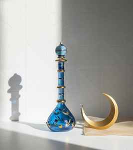 Botella de Perfume de Vidrio Egipcio Azul Soplado a Mano |   Detalles Artísticos en Oro |   Botella de Aroma Recargable Premium, Diseño Elegante - Product Image 3