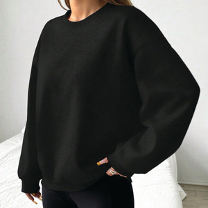Oversized Black Crewneck Sweatshirt Women Cotton Fleece Pullover Long Sleeve Drop Shoulder Casual Loose Fit Winter Apparel - Product Image 1